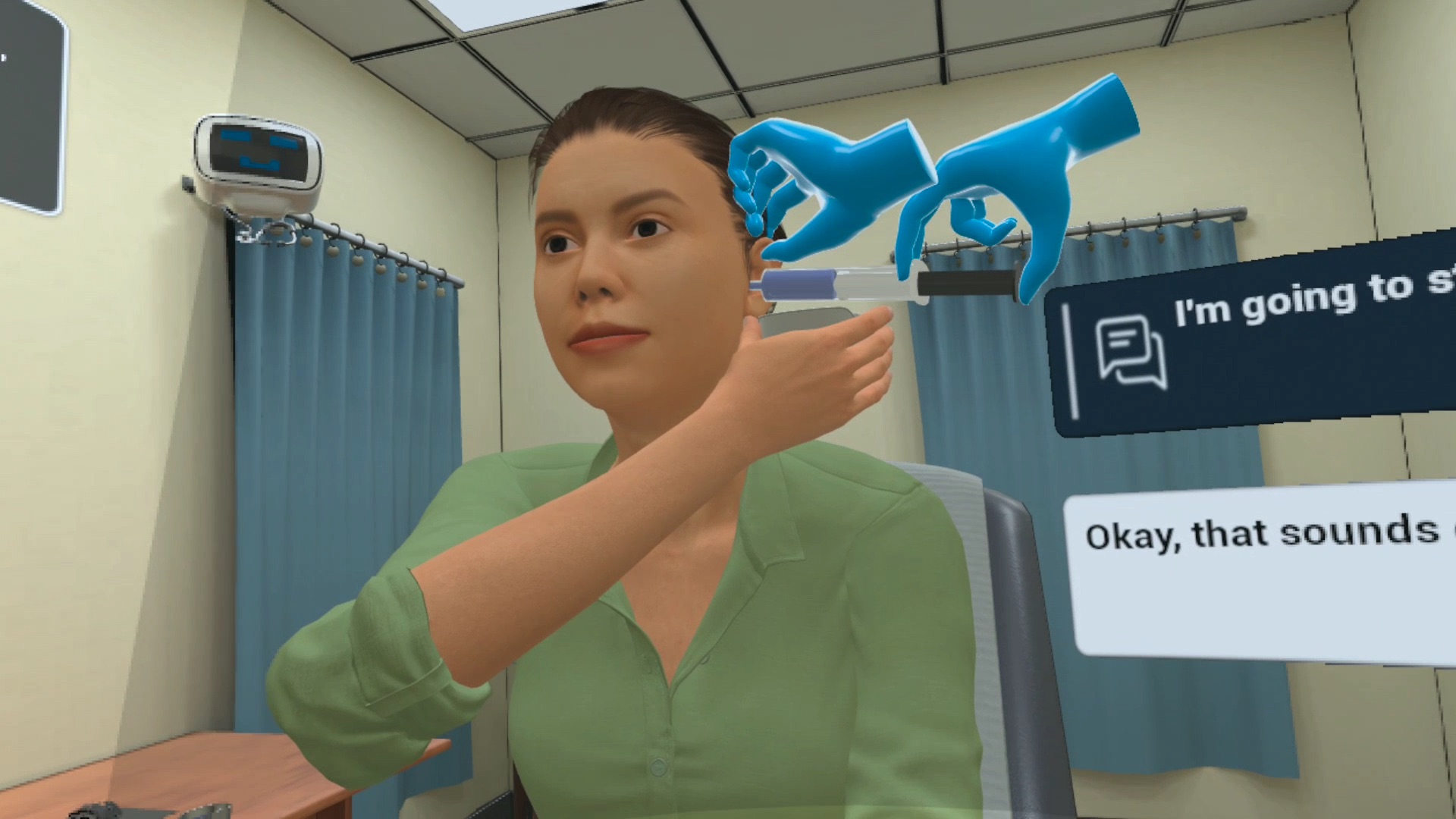 Medical assistant practicing clinical skills in immersive VR simulation at ImmerseLearn