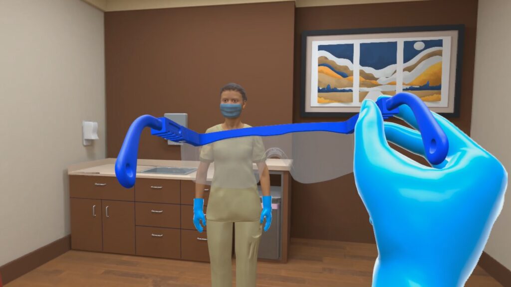 Student performing phlebotomy in virtual reality training module for medical assistants