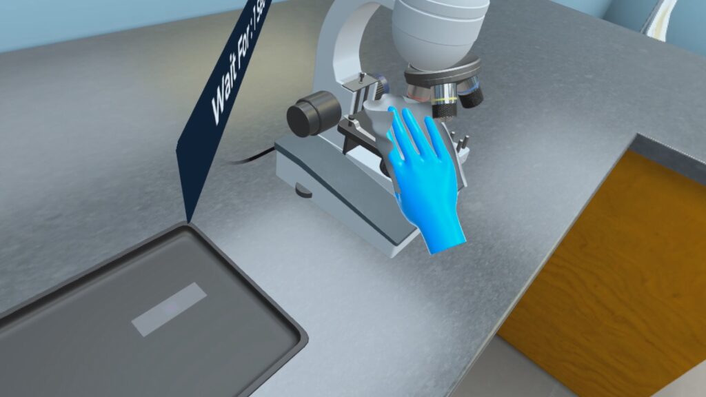 Clinical medical assistant trainee learning patient care techniques using VR headset