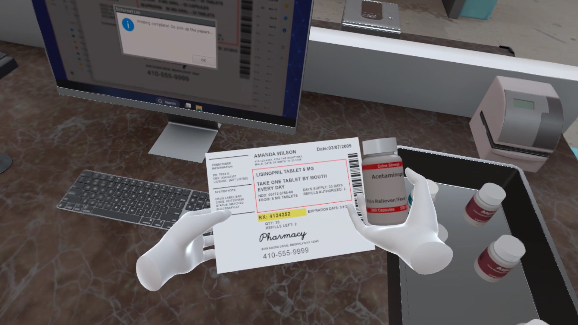 Immersive Virtual Pharmacy simulation teaching prescription processing and medication safety