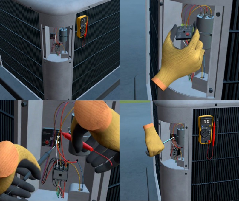 HVAC technician diagnosing a time delay relay using a multimeter during electrical troubleshooting.