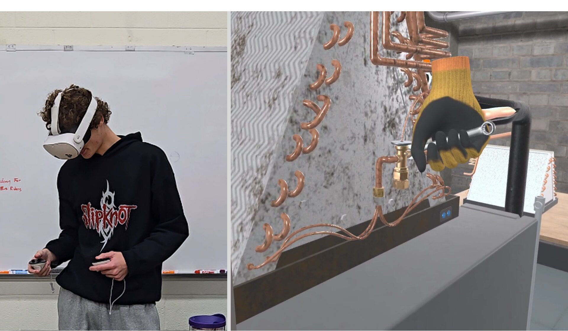Apprentice using immersive VR training simulation for hands-on workforce skill development