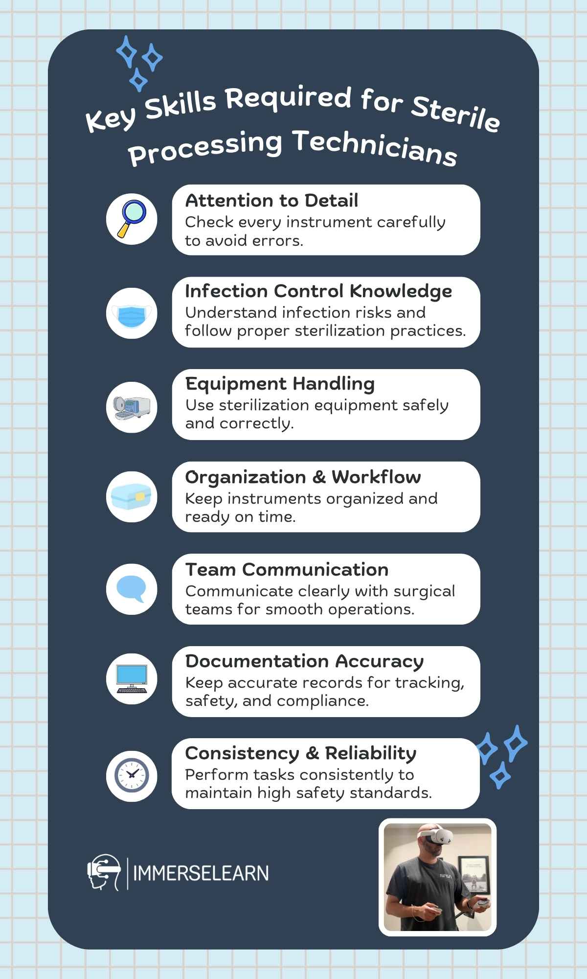 infographic summarizing key skills required to become a sterile processing technician