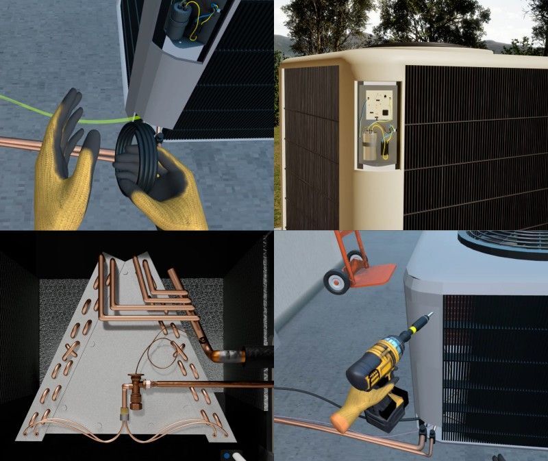 HVAC split system installation training with condenser furnace and wiring setup