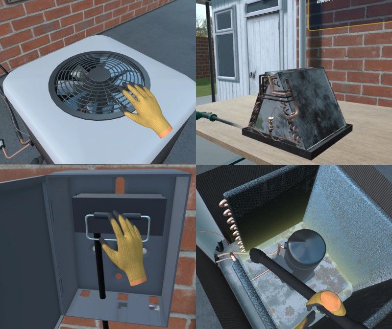 Air conditioner maintenance training technician cleaning HVAC condenser coil