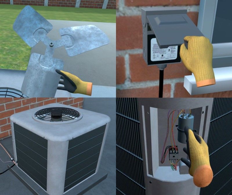 HVAC technician safely replacing condenser fan blade in outdoor unit