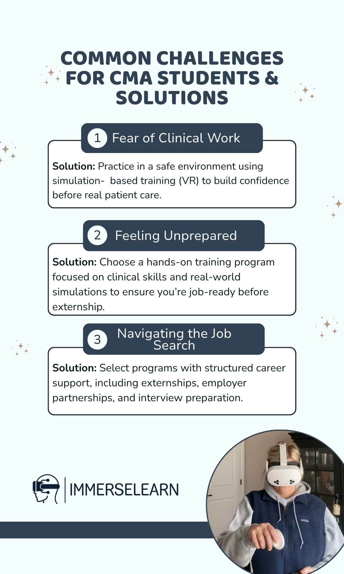 Infographic showing common clinical medical assistant challenges and how to overcome them