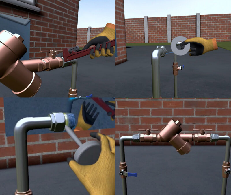 Plumbing technician installing backflow preventer during skills training