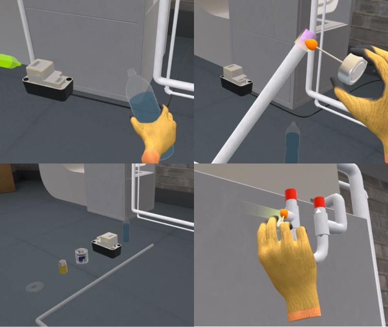 HVAC technician installing condensate pump and connecting PVC drain piping in HVAC system training simulation