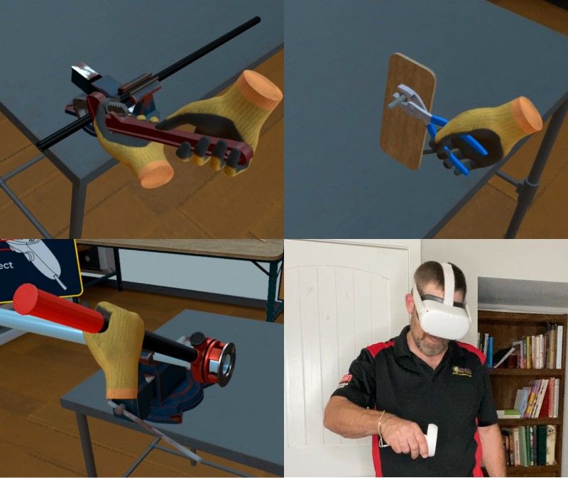 Plumbing technician using hand tools in VR training simulation
