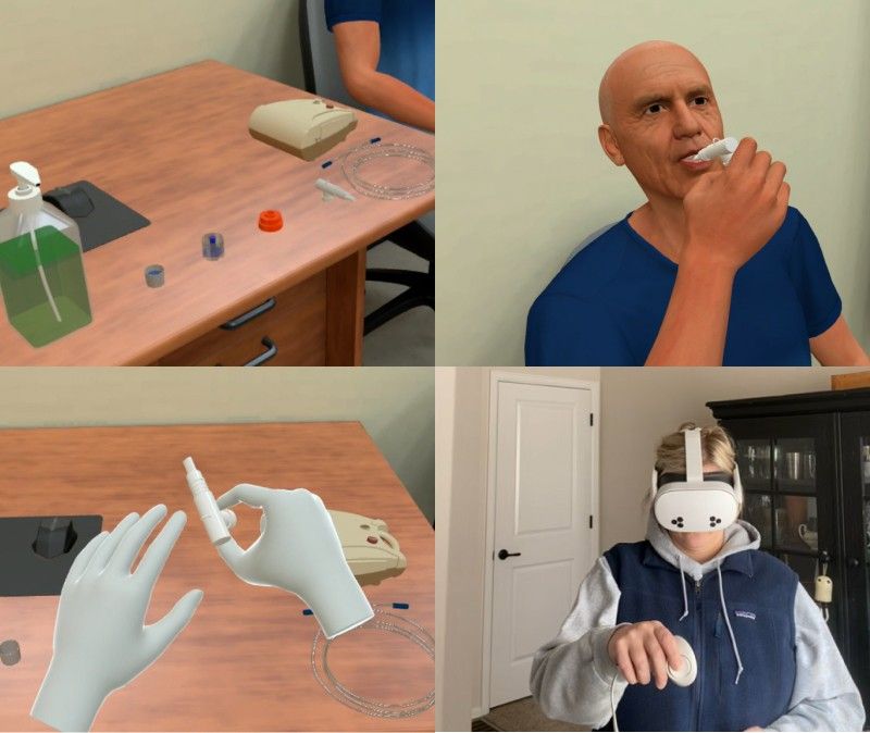 Medical assistant practicing nebulizer therapy administration in VR training
