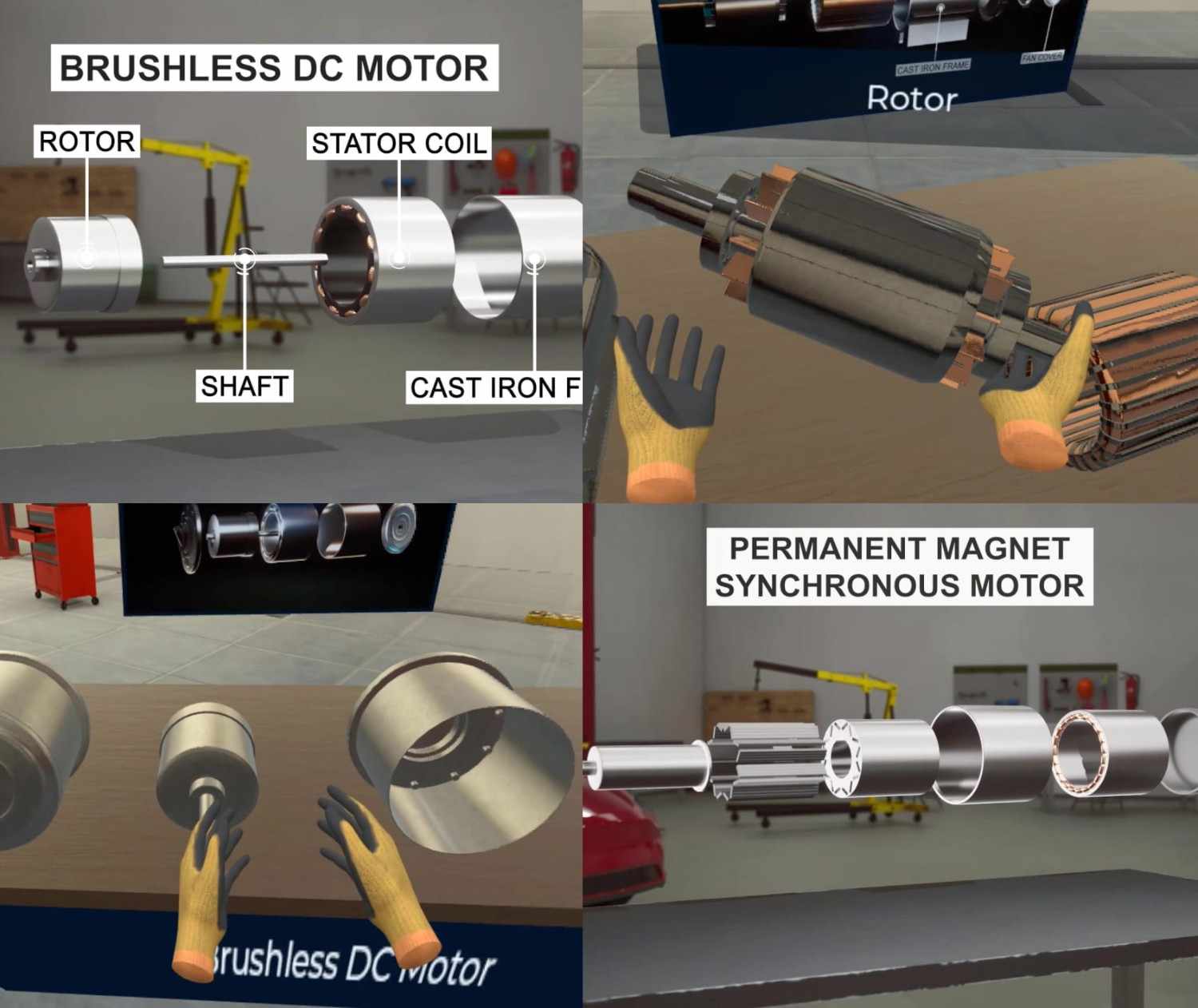 Electric vehicle motor systems training for technicians learning DC and AC motor components and operation