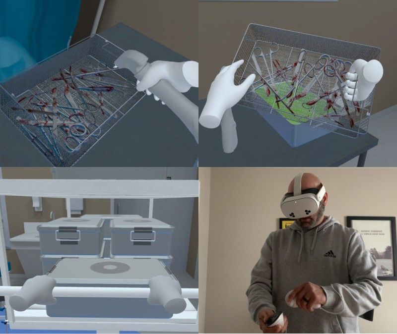 sterile processing technician practicing contaminated item handling in VR training