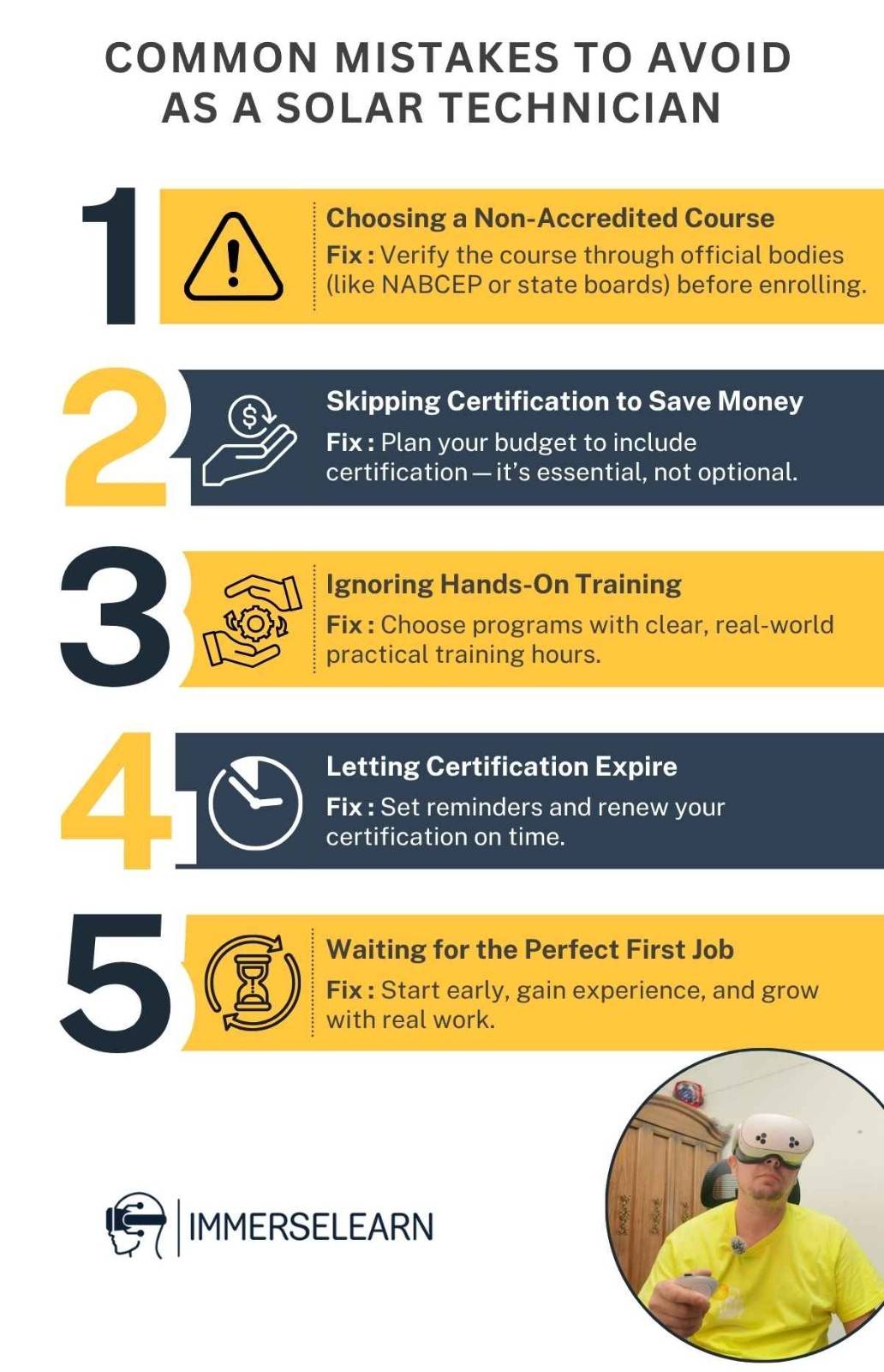 Infographic showing common mistakes Certified Solar Technicians should avoid and how to fix them