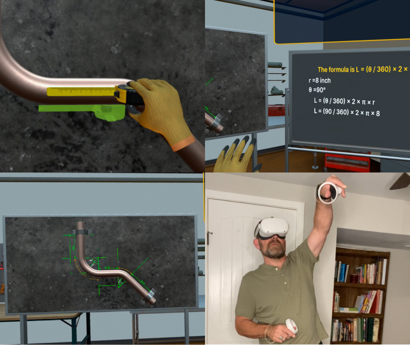 Plumbing technician measuring curved pipe lengths for accurate installation in plumbing services