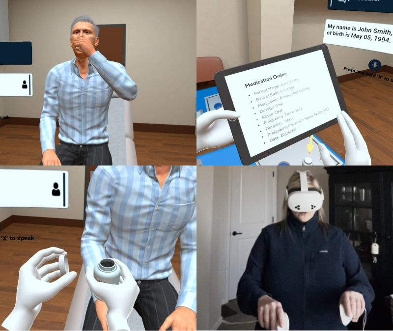 Medical assistant practicing oral medication administration using VR training simulation