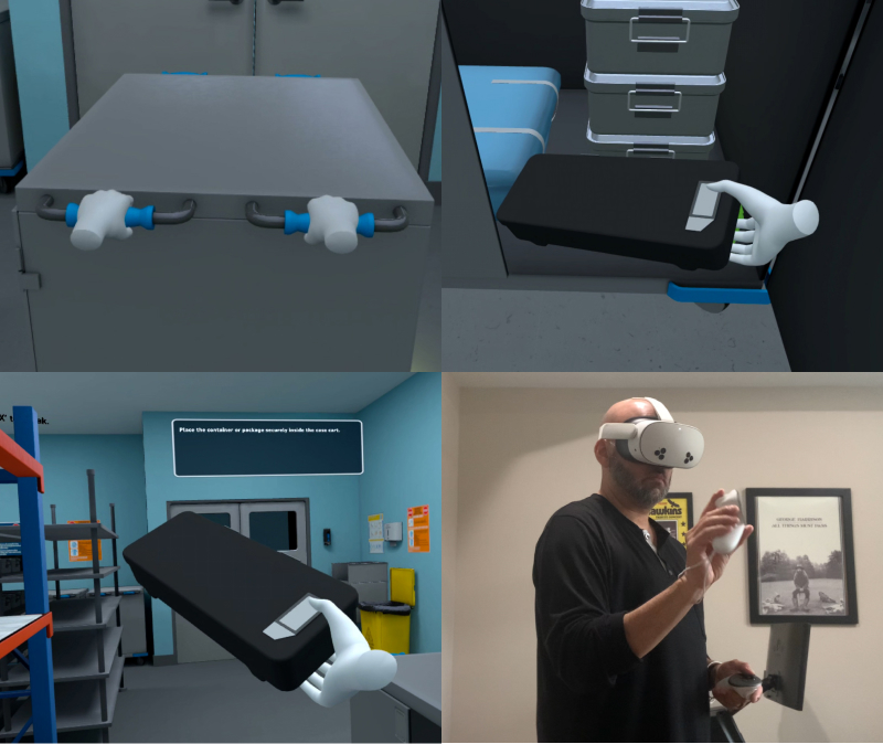 Sterile processing technician practicing case cart management in VR training