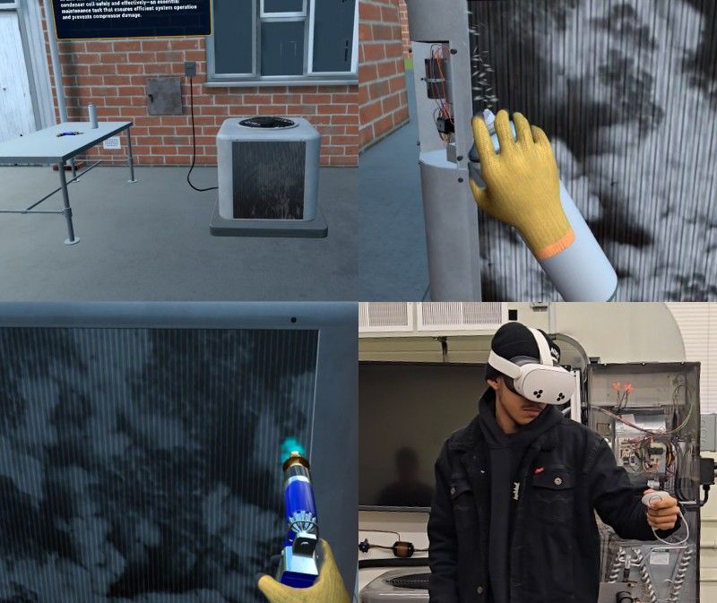 HVAC technician cleaning outdoor condenser coil during maintenance training