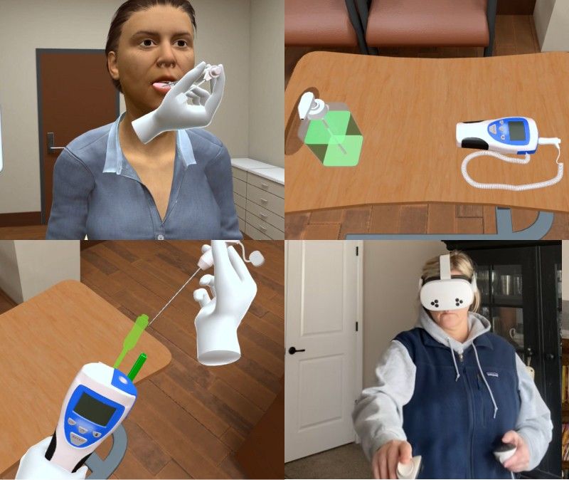 Medical assistant obtaining an oral temperature using a digital thermometer during patient assessment