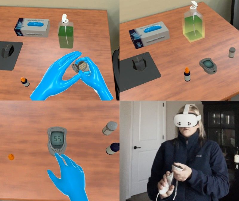 Medical assistant learner performing glucometer quality control testing in a clinical setting