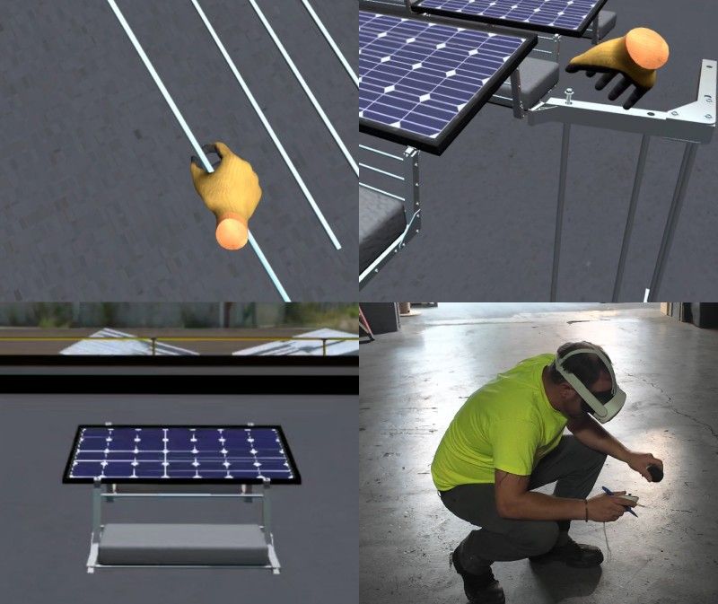 Solar technician installing a ballast-mounted photovoltaic system during VR solar installation training