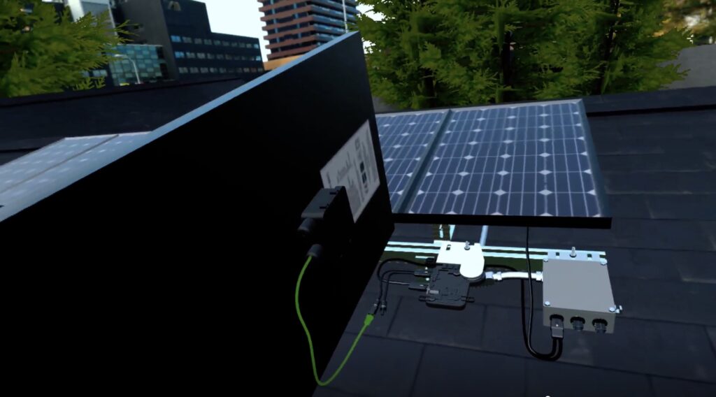Solar technician inspecting PV modules and electrical connections