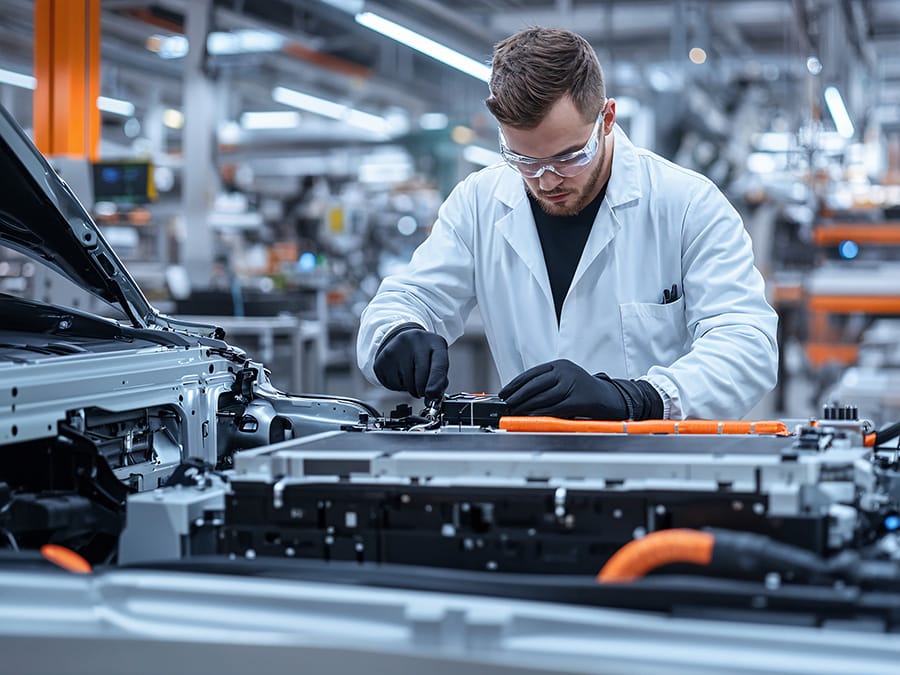 Electric vehicle technician inspecting battery electric vehicle components and chassis systems
