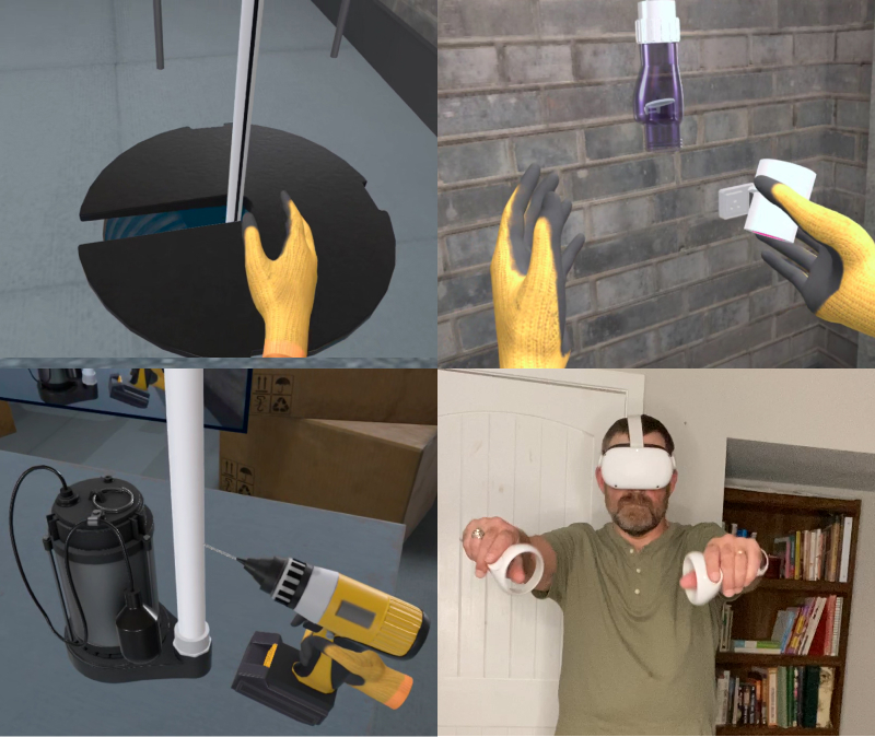 Plumbing technician practicing fire safety procedures and extinguisher operation