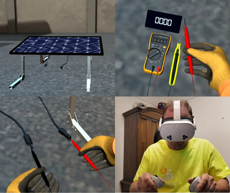Solar technician performing open circuit voltage testing on a PV system