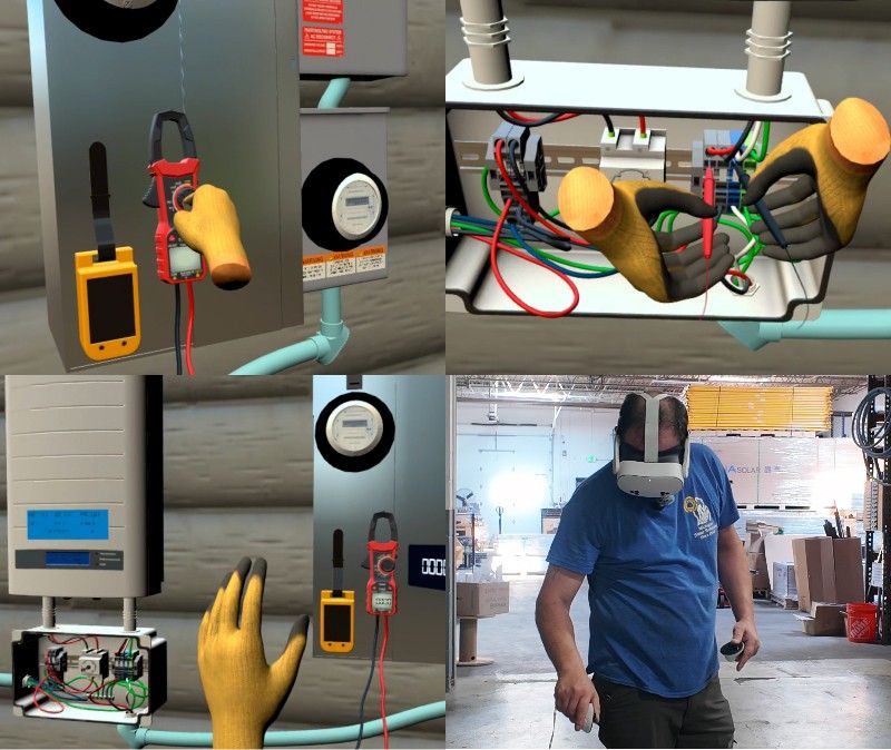 Solar technician performing AC voltage testing on a solar PV system