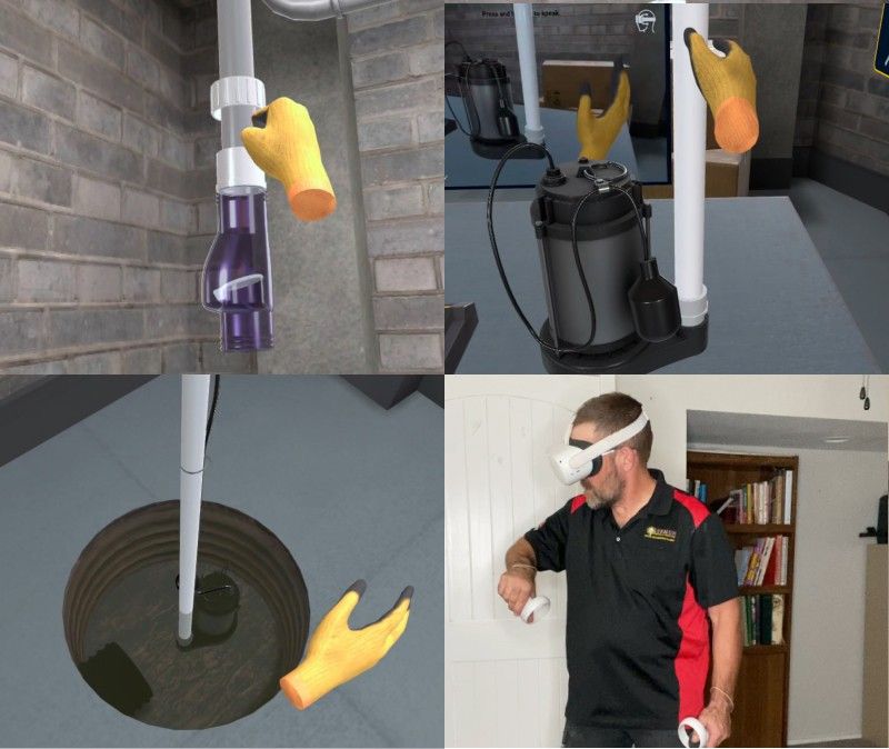 Plumbing technician performing sewage pump system installation