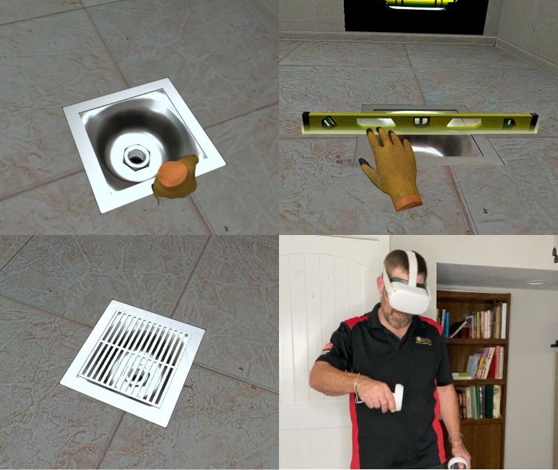 Plumbing technician performing floor sink drainage system installation