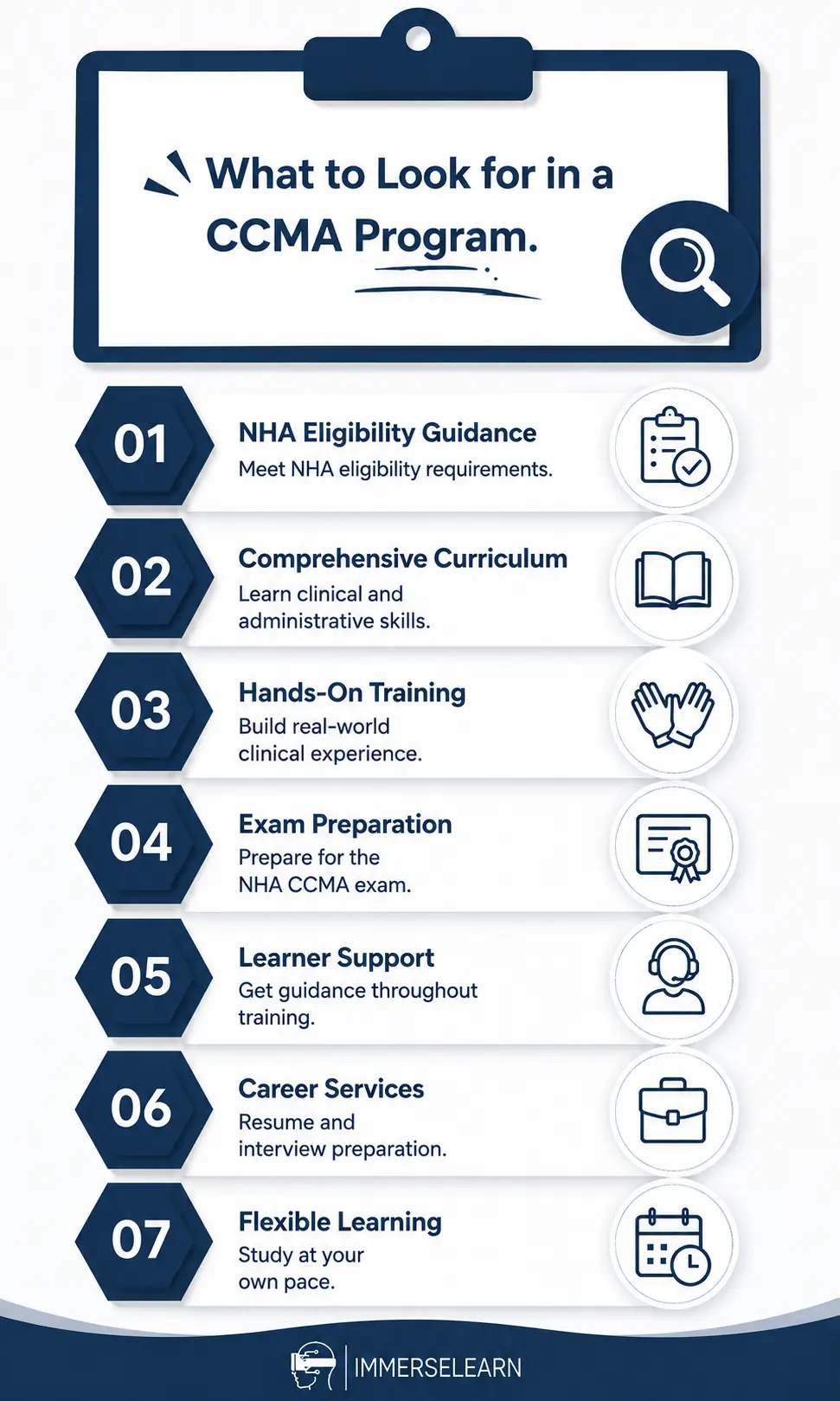 nfographic summarizing what to look for in a CCMA program before enrolling.