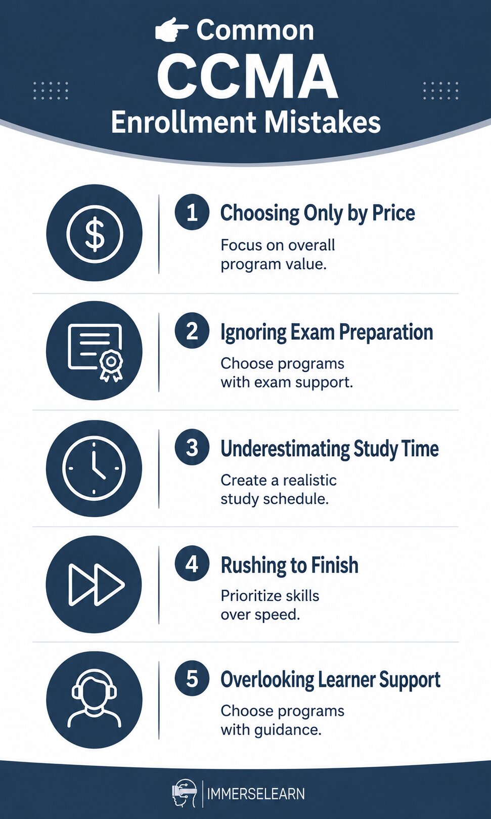 Infographic summarizing common mistakes to avoid before enrolling in a CCMA program.