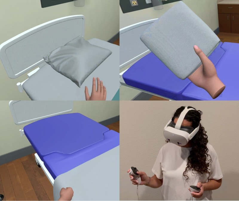 Nursing assistant practicing unoccupied bed making